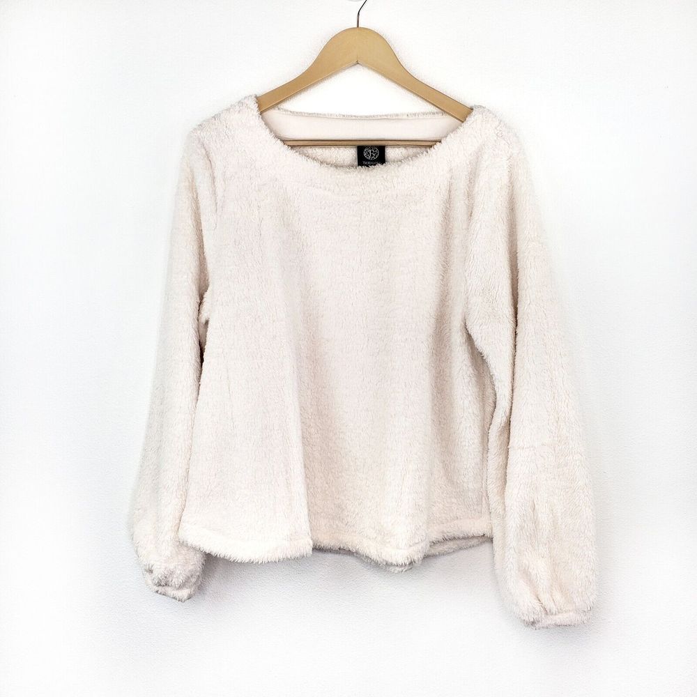 Bobeau Sweater Women Size L White Faux Fur Bishop Long Sleeves
